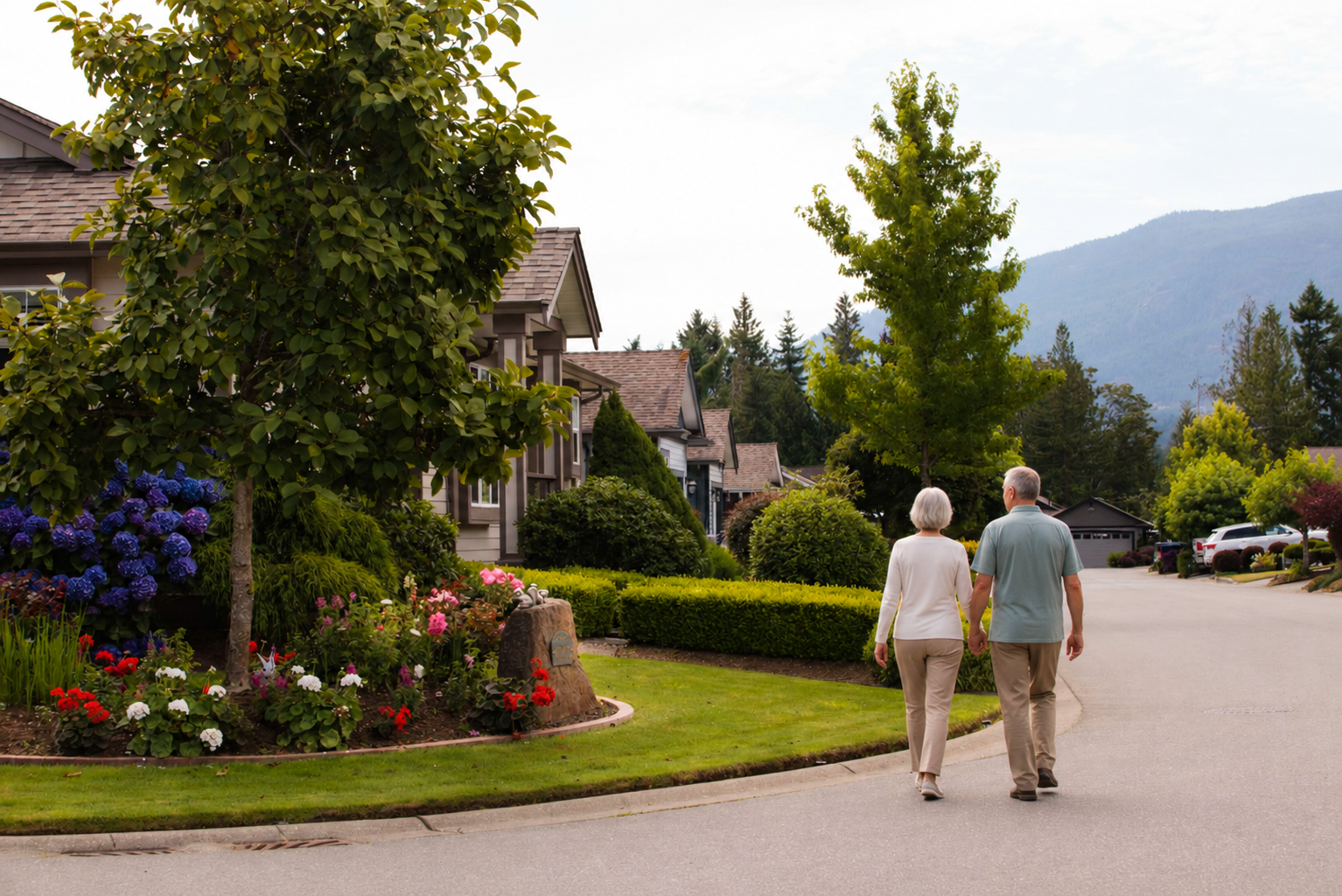 Couple walking through Deerwood Place Estates in North Nanaimo